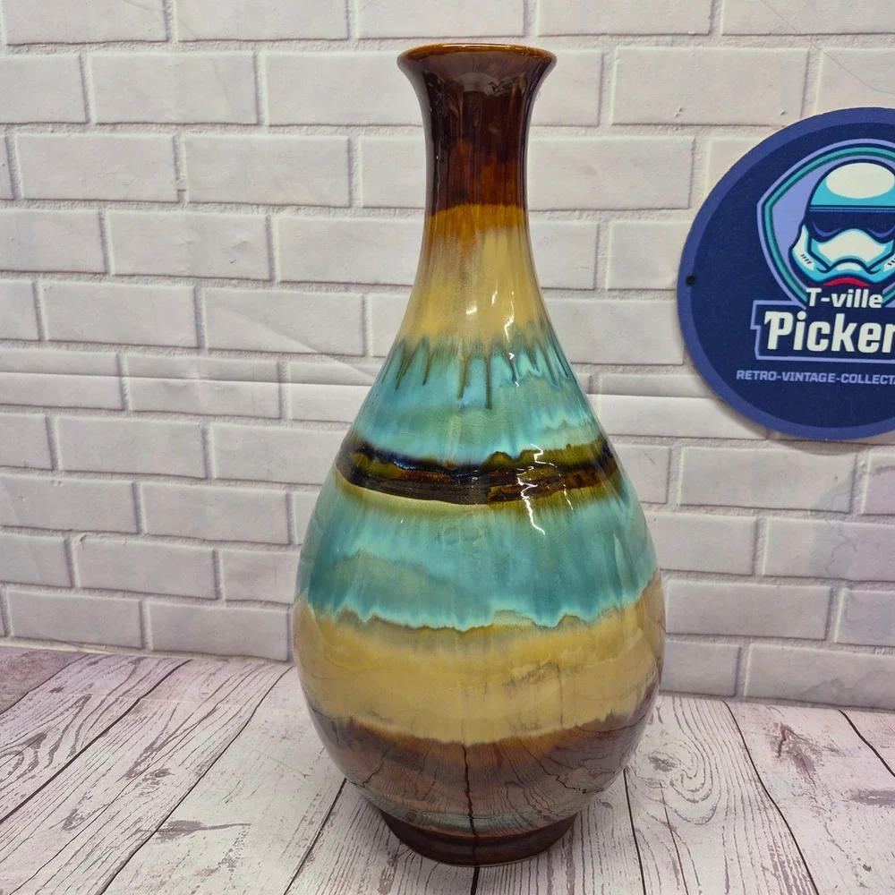 Handmade Drip Glaze Ceramic Vase Turquoise Brown Tan Earth Tone Pottery 16 Inch